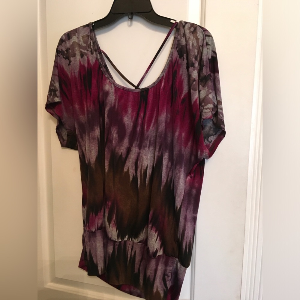 AB Studio Purple,Gray, brown abstract print Short Sleeve top, pretty colors L
